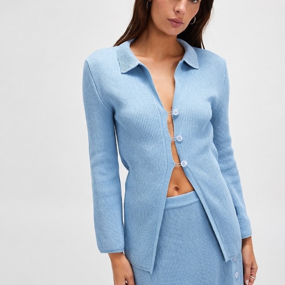 Free People Sweaters - Free People x Celmo Shimmer Blue Three Button Cardi Sweater Cardigan SZ MediumY